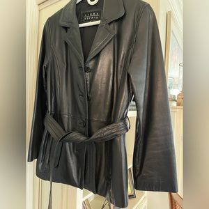 Women’s black leather belted jacket